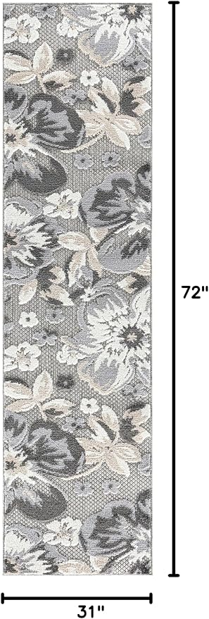 Rugshop Bergamo Contemporary Floral Non-Shedding Easy Cleaning Patio Deck Backyard Indoor/Outdoor Runner Rug 2' 7" X 6' Gray