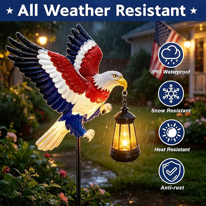 4th of July Decorations 250th anniversary 2 Pack Bald Eagle Solar Garden Lights Outdoor Waterproof, Gifts for Family and Friends, Stake Lights with Solar Lanterns, Yard Art Outside Patio Garden Decor