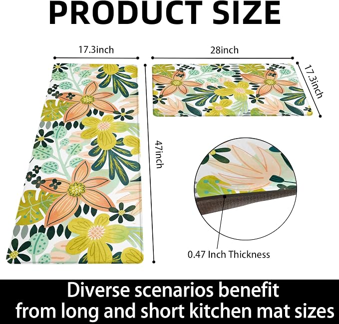 Tyrot Boho Floral Kitchen Mats Rugs Sets of 2 Cushioned Anti Fatigue Floor Mat Foam Comfort Kitchen Rugs Farmhouse Style Non Slip Waterproof Mid Century Botanical Standing Mat for Sink Laundry