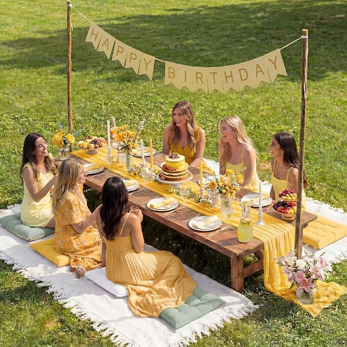 Extra Large Outdoor Picnic Blanket with Table Runner and Floor Pillow Cushion for Picnic Wedding Birthday Baby Shower Backyard Decor(91 x 71'',Light Beige,Yellow,Green,8 Pcs)