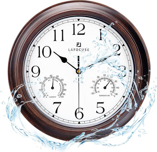 Lafocuse 12 Inch Outdoor Clocks Waterproof for Patio Pool Bathroom | With Thermometer Combo and Hygrometer, Vintage Rustic Weather Outside Clock for Garden Garage Porch Kitchen, Silent, Accurate