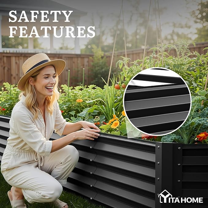 YITAHOME 8x4x1.5ft Galvanized Raised Garden Bed, Metal Planter Box with Safety Rubber, Gloves, Outdoor Flower Bed for Planting Plants Vegetables, Black