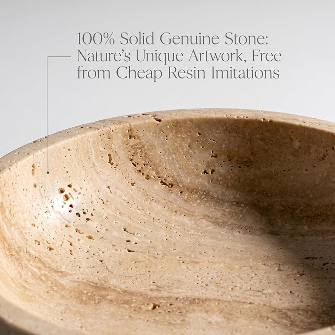Natural Marble Travertine Decorative Bowl - 7.8" Honed Yellow Stone | Organic Modern Centerpiece Key Dish for Keys Entryway Table - Coffee Table Decor - Bedside Ring Jewelry Holder Tray