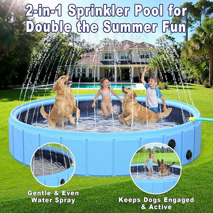 Foldable Dog Pool with Sprinkler, 118" Extra Large Non-Slip Dog Swimming Pool, 2-in-1 Outdoor Backyard Pet Bathing Tub with Drain Plug for Dogs Kids Pets Ducks