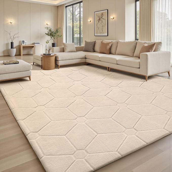 Sour Lemon Area Rugs 10x14 Living Room Bedroom, Exta Large Carpet Beige | Washable, Geometric Alfombra Para Salas Modernas, Non Slip Big Soft Thick Fluffy Plush, Memory foam Rug for Kids Playroom