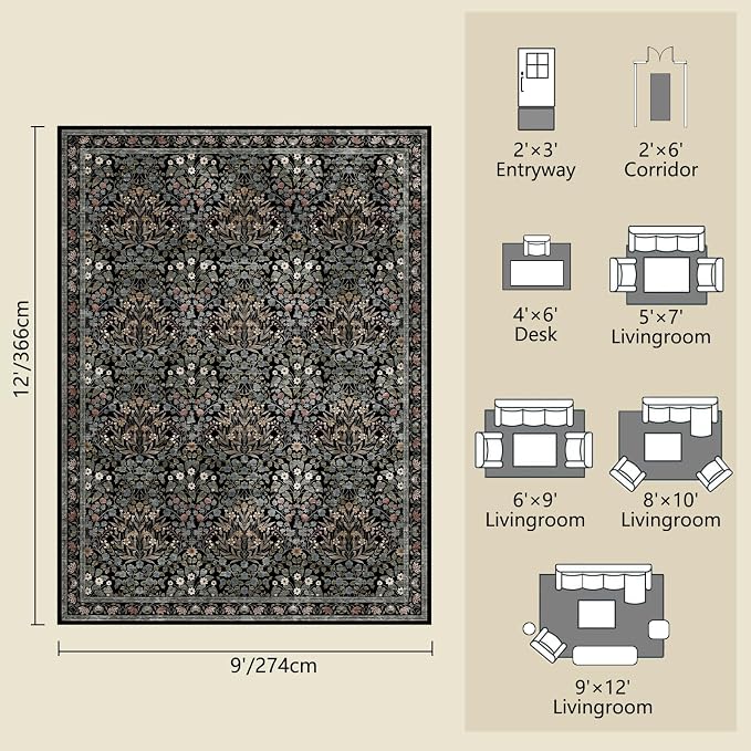 Traditional Design Vintage Floral Area Rug 9 x 12,Washable Area Rugs - Perfect for Living Room, Bedroom, Kids Room, Nursery - Stain & Water Resistant Non-Slip, Dining Room Decor