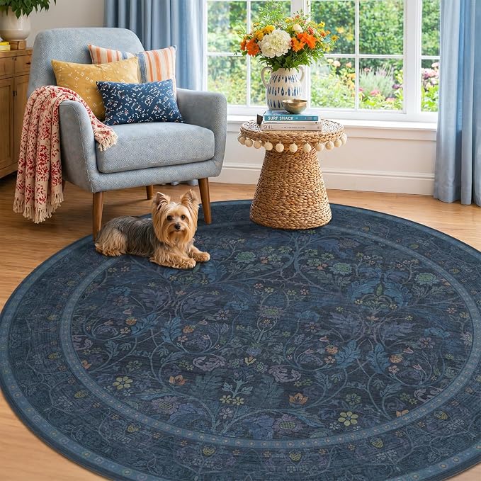 7ft Round Rug for Living Room, Dark Blue Oriental Floral Circle Area Rug, Washable Non-Shedding Low-Pile Carpet for Under Bed, Home Office, Moody Farmhouse Decor, Stain Resistant