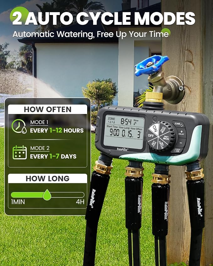 RAINPOINT Sprinkler Timer, 4 Outlets Hose Timer with Brass Inlet with Rain Delay/Manual/Automatic Controller System, Programmable Digital for Lawn Yard, 4 Zone (Sky Blue, 4 Outlets)