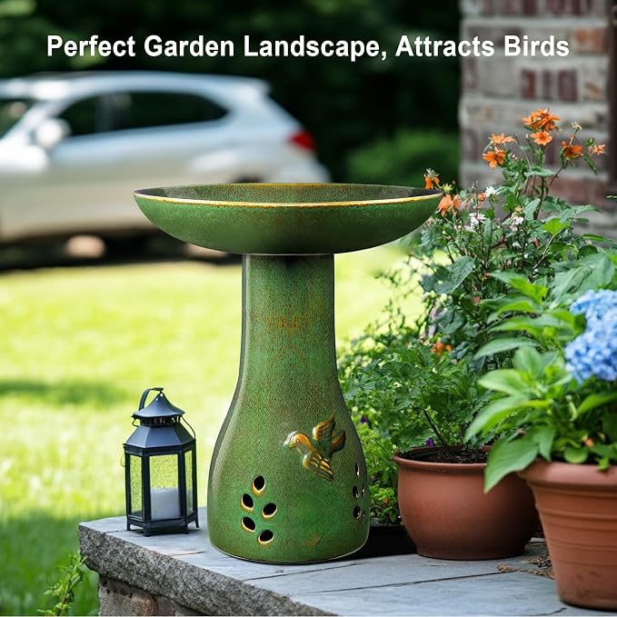 Ceramic Bird Bath for Outdoors, 21.5" Tall Heavy Duty Bird Bath, Outdoor Garden and Patio Décor - Green