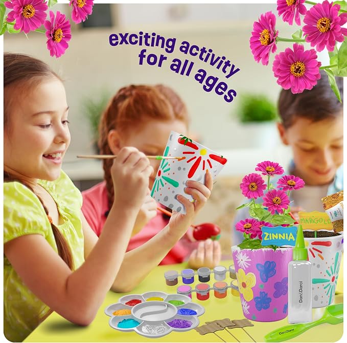 Dan&Darci Paint & Plant Flower Garden Kit for Kids — Stoneware Pots, Seeds & Paint Set — STEM Arts & Crafts Gift for Boys and Girls Ages 6–12