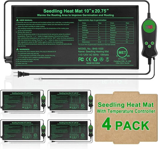 Seedling Heat Mat with Built-in Thermostat 4 Pack, 10" x 20.75" Waterproof Plant Heating Pad with Temperature Controller for Hydroponic,Germination, Indoor Gardening, Greenhouse, MET-Certified