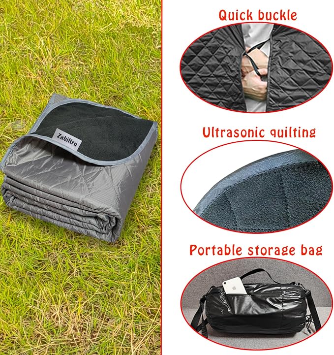 Large Outdoor Waterproof Blanket-Quilted Extra Thick Fleece Windproof Warm Includes Stuff Sack Shoulder Strap Machine Washable,55"x78"-Grey