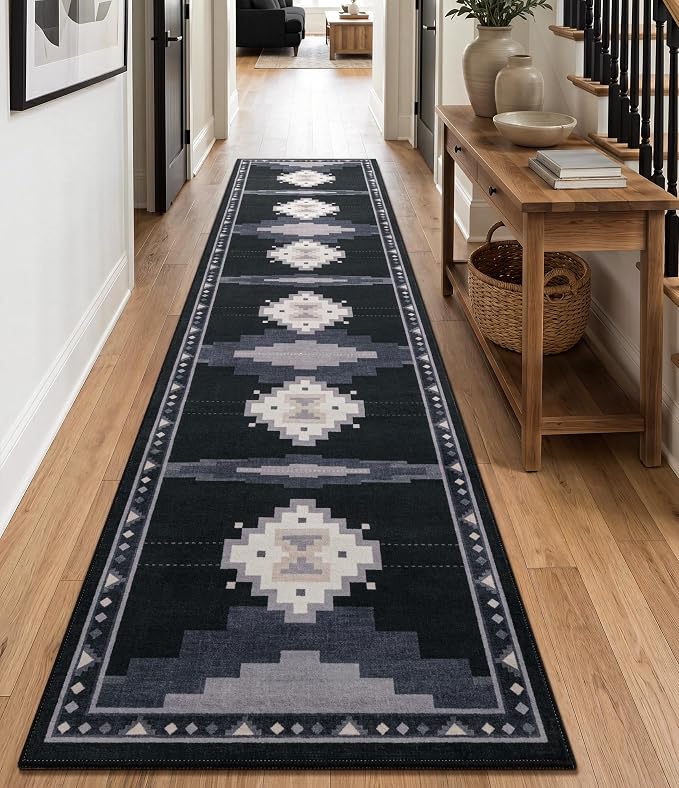 2'x8' Non-Slip Kitchen Runner Rug, Black and Grey Western Aztec Rug | Washable, Low Pile, Soft, Southwestern Geometric Design, for Entryway Hallway Boy Bedroom, Stain Resistant