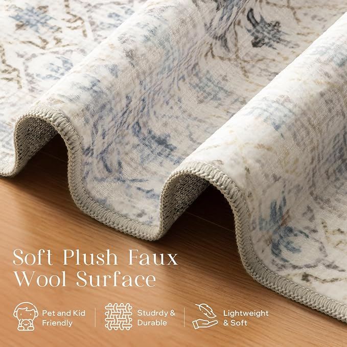 Phantoscope Geometry Collection Area Rug 5'x7' for Living Room - Washable Rug Large Boho Carpet Non-Slip for Bedroom Dining Room, Indoor Low-Pile Neutral Distressed Accent Rug, Teal Floral/Beige