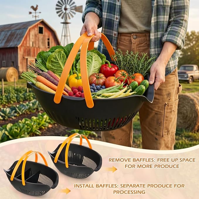Nuogo 3 Pcs Garden Harvest Basket, Removable Partitions with Tool Caddy for Collecting, Carrying, and Cleaning Harvesting Basket Doubles as a Colander for Vegetables and Fruits Garden Accessories