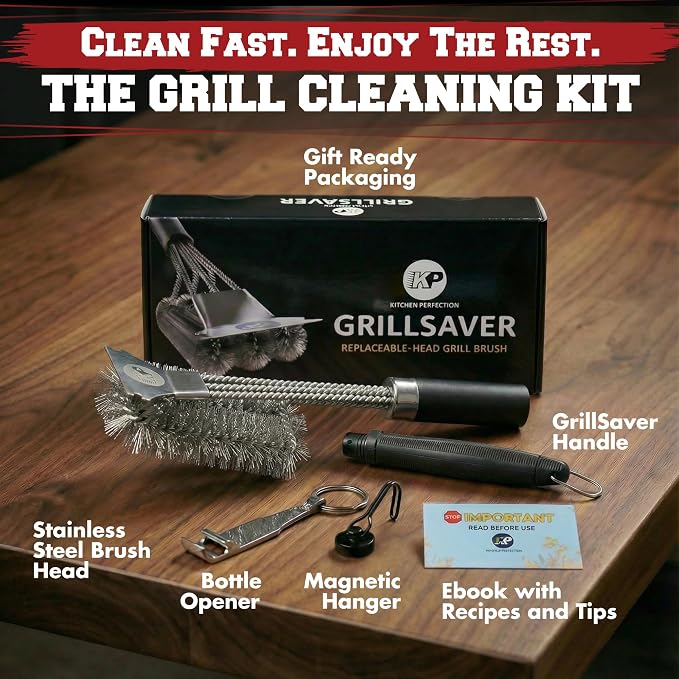 Kitchen Perfection BBQ Grill Brush & Scraper for Outdoor Grill - GrillSaver | Grill Cleaning Kit -Safe Wire Brush with Replaceable Head, Magnetic Hanger, Bottle Opener & Ebooks Full of Grilling Recipes