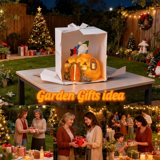 Garden Gnomes Fairy Houses Decorations Solar Statues, Outdoor LED Lights Waterproof Ornaments for Backyard Patio Lawn, Christmas Mother's Day Housewarming Gifts for Women