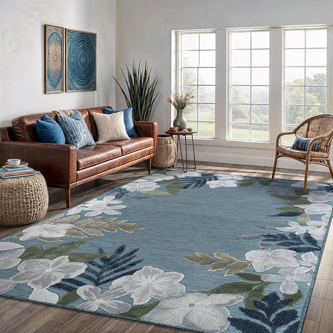 Outdoor Rug 10x14 Washable Area Rugs Indoor Outdoor Carpets Aqua Border Floral Non Shedding Waterproof Easy Clean Patio Deck Porch Living Room Bedroom Garden RV (10 X 14 Aqua)