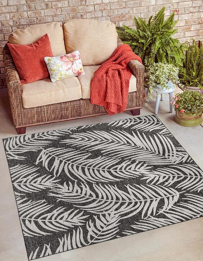 Unique Loom Outdoor Botanical Collection Area Rug - Palm (5' 3" Square Charcoal/Ivory)