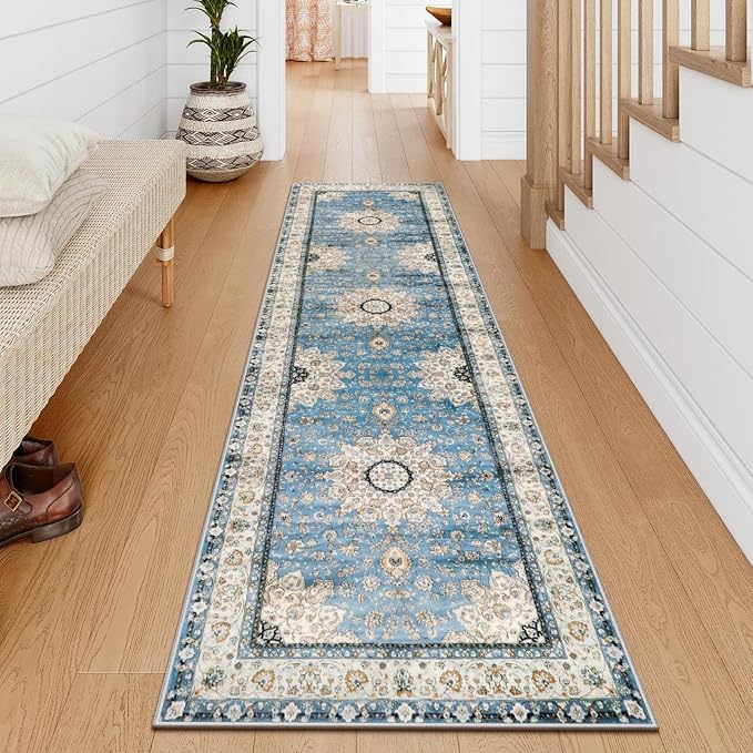 Lahome Felice Oriental Floral Medallion Runner Rug - 2x7 Blue Hallway Runner Rug, Non-Slip Machine Washable Low-Pile Kitchen Entryway Mat Indoor Throw Carpet for Bedside Laundry Bathroom