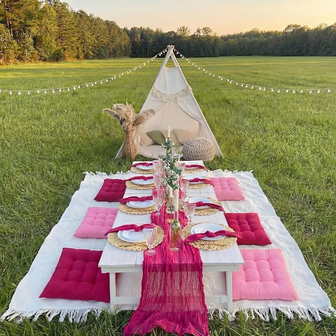 Extra Large Outdoor Picnic Blanket with Table Runner and Floor Pillow Cushion for Picnic Wedding Birthday Baby Shower Backyard Decor(91 x 71'',Rose Red,8 Pcs)