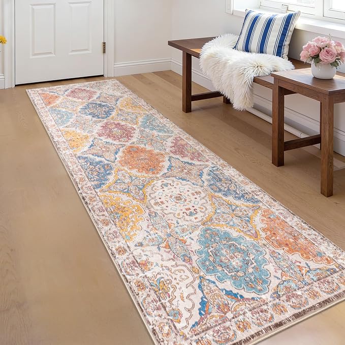 Moroccan Vintage Distressed Boho Geometric Colorful 2x6 Runner Rug | Floral Washable Non Slip Throw Floor Long Carpet Runner for Hallway Entryway Kitchen Bathroom Bedroom Livingroom Rug