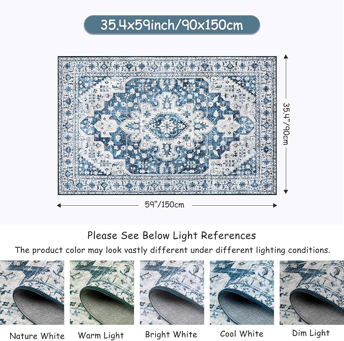 Moynesa Ultra-Thin Vintage 8x10 Area Rugs - Blue Bedroom Rugs for Living Room Non-Slip Stain Resistant, Printed Oriental Playroom Mat Indoor Floor Carpet for Dining Table Office Decor