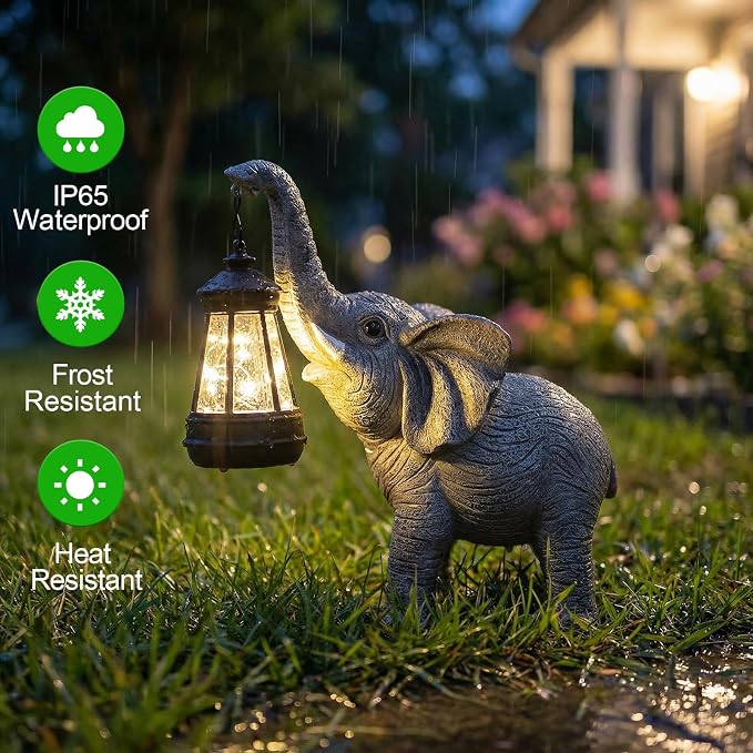 Candieslife Solar Garden Statue Lights Elephants Figurine with Solar Lantern, IP65 Waterproof Outdoor Yard Decorations for Patio Porch Yard Lawn,Home,Garden Gifts for Mom Grandma Women