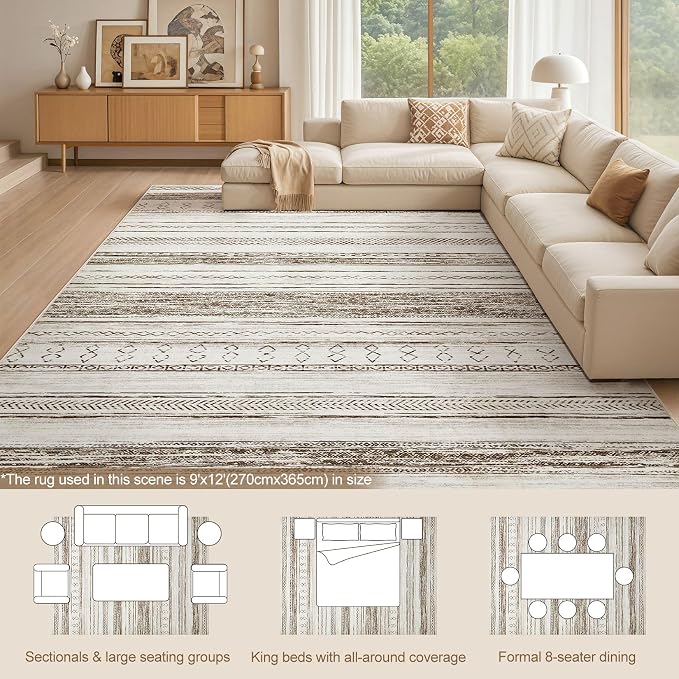 Tortania Area Rug Living Room Rugs - 9x12 Washable Large Soft Neutral Boho Moroccan Bohemian Farmhouse Rug Indoor Floor Carpet for Bedroom Under Dining Table Home Office Decor - Cream Brown
