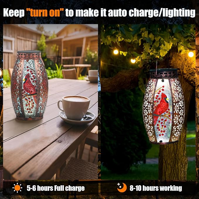 Solar Lanterns Outdoor Hanging Cardinal Garden Decor Light Decorative Waterproof for Women Mom Mothers Grandma Grandparents Birthday Gift