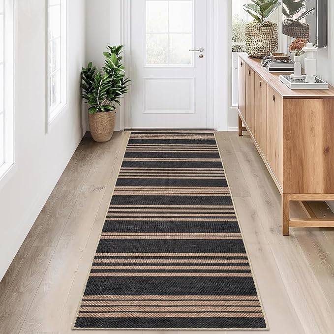 Garvee 2x6 Easy Jute Kitchen Rugs Washable Rugs for Hallway, Black & Brown | Modern Line Print Area Rug Stain Resistant Easy Cleaning Throw Rugs Low Pile Floor Cover for Bedroom Laundry