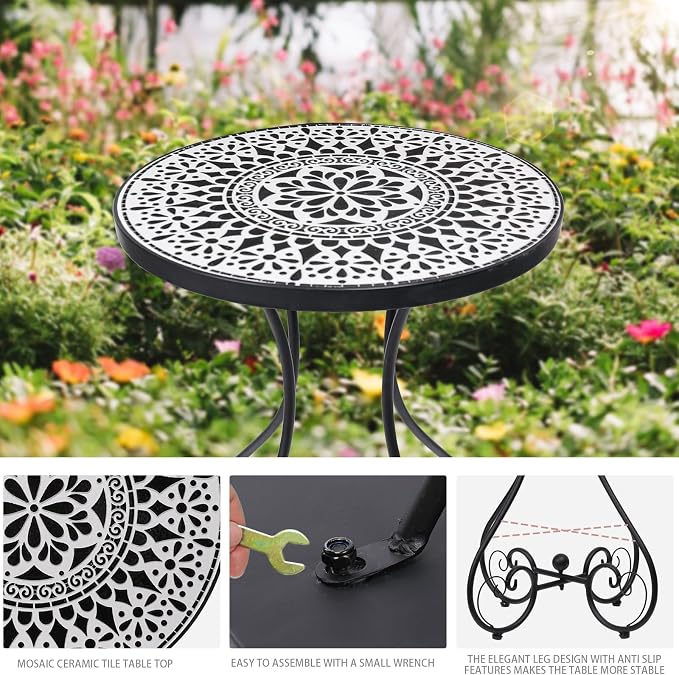 VCUTEKA Outdoor Side Table Mosaic Patio Table Accent Tables Mosaic Tile Top Metal Frame Small End Tables Porch Beach Patio Garden Balcony Black 14 inch