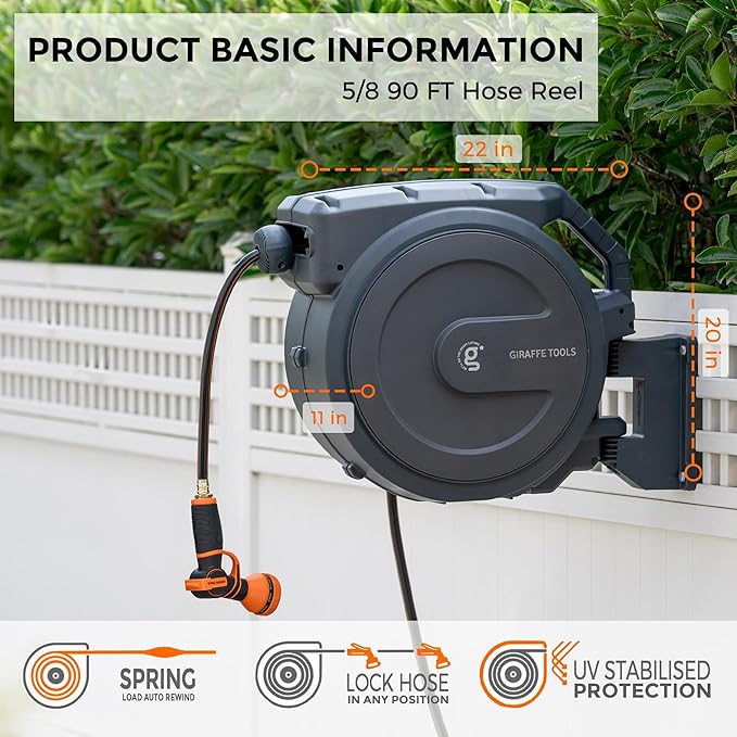 Giraffe Tools Retractable Garden Hose Reel 5/8 inch x 90 ft Hose Reels for Outside, Wall Mounted Water Hose Reel with 180 Deg Swivel Bracket, Any Length Lock, 9 Pattern Hose Nozzle