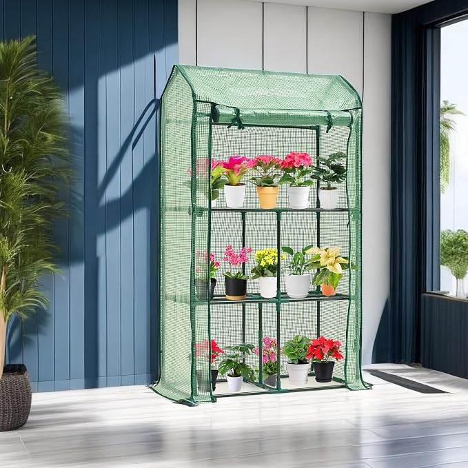 Purlyu Mini Greenhouse for Indoor Outdoor, Small Plastic Plant Green House Rack Stand Portable Greenhouses with Durable PE Cover for Seedling 60 "x 35"x 16",20 Pcs T-Type Plant Tags Include（PLGH4053G）