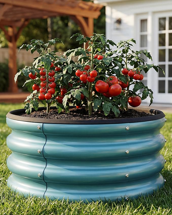 2 x 2 x 1 ft Round Raised Garden Bed, Blue 1 Pack 0.6 mm Thick Galvanized Steel Planter Box with Double Layer Paint and Safety Edge Trim for Vegetables Flowers Herbs Outdoor Garden