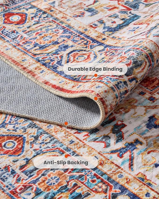 AMADA HOMEFURNISHING 5x7 Area Rugs, Washable Living Room Rug Low-Profile with Non-Slip Backing & Durable Edge Binding, Vintage 5x7 Rugs for Living Room, Bedroom, Dinning Room