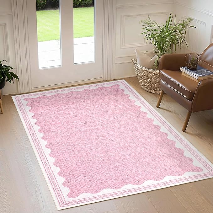 4x6 Scalloped Area Rugs Pink Washable Entryway Bedroom Rug | Solid Tan Rug for Bedroom Girls, Non Slip Throw Carpet With Rubber Back, Soft Dorm Nursery Scalloped Rugs for Dining Room