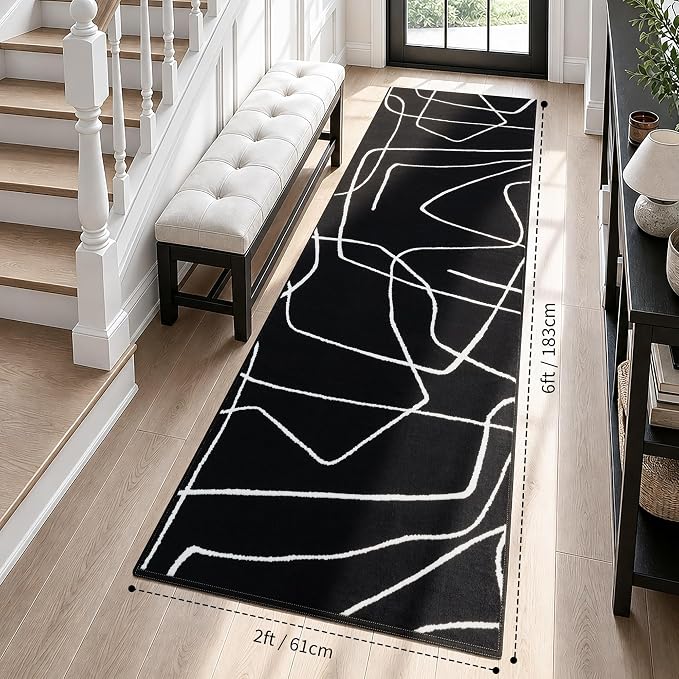 2x6 Washable Modern Black White Kitchen Runner Rug | Ultra-Thin Low Pile, Non-Slip TPE Backing, Soft Stain Resistant, Machine Washable, for Bedroom Livingroom High Traffic