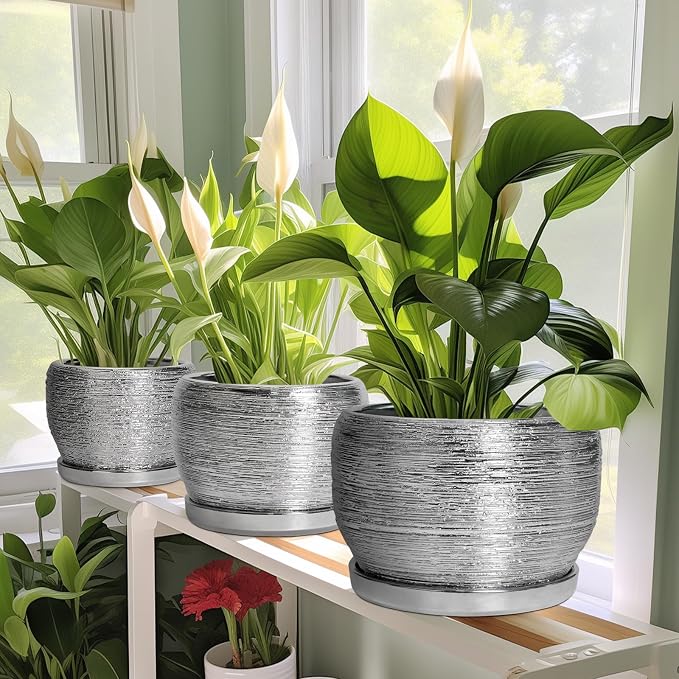 SQOWL Ceramic Pot for Plants - 10 Inch Planter Indoor, Round Large Planter Outdoor with Drainage Hole and Plant Saucer, Decorative Ceramic Flower Pot, Kitchen Decor, Housewarming Gifts, Silver