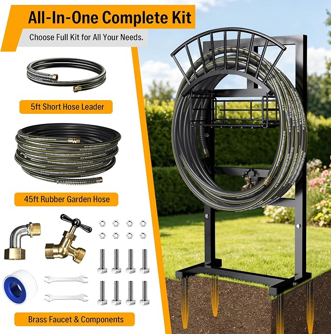 Garden Hose Holder with 45ft Water Hose, Brass Faucet | 5ft Hose Leader, Metal Heavy Duty Freestanding Garden Hose Hanger Storage Stand, Hose Storage for Outside Yard Lawn Farm