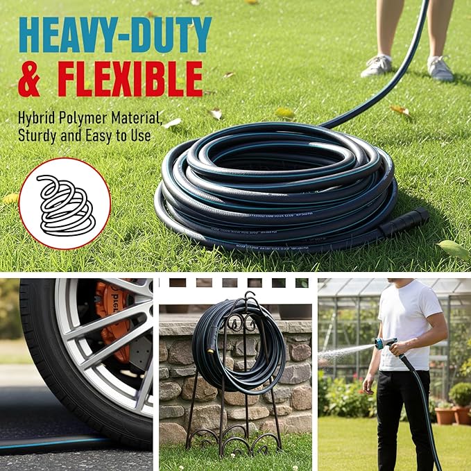 Garden Hose 25 ft x 5/8" with Nozzle, Water Hose Heavy Duty Flexible, Lightweight Kink-less Hybrid Hose with Swivel Handle, Male to Female Fittings