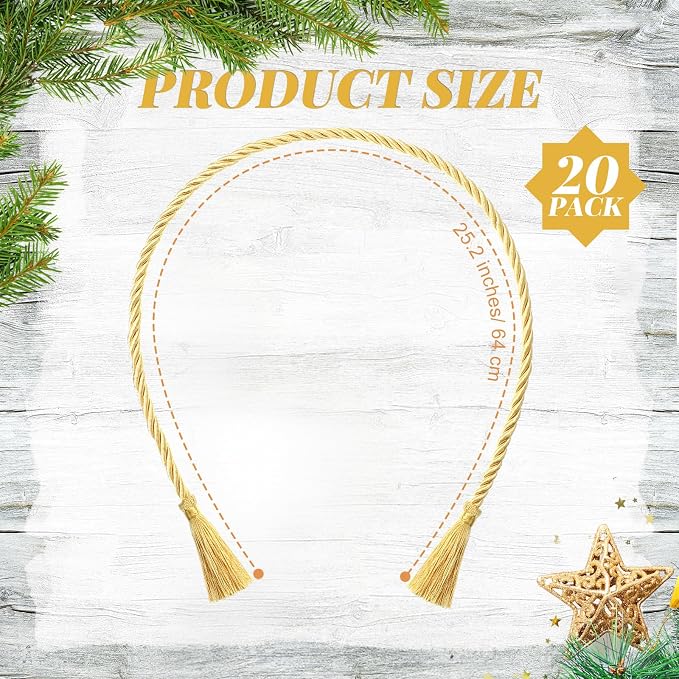 Dingion 20 Pcs Christmas Garland Decorative Banister Ties with Tassel 25.2 Inches Christmas Reusable Twist Ties for Garland Fireplace Staircase Banister Home Xmas Holiday Decorations(Gold)