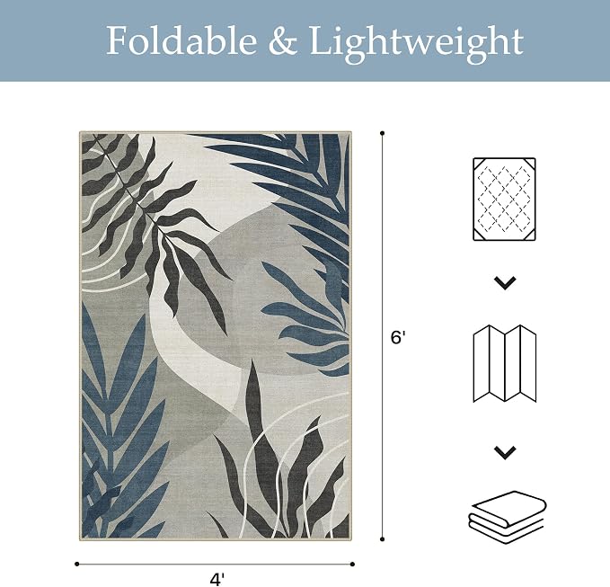 GENIMO Outdoor & Indoor Area Rug 4'x6', Waterproof, Non-Shedding, Easy Cleaning, Leaf Mat for Patio, Living Room, Balcony, Dining Room, RV, Deck, Bedroom, Camping, Outside Carpet, Blue Grey