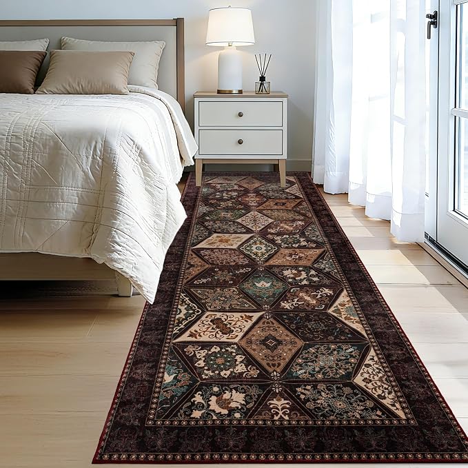 Moroccan Vintage Distressed Boho Geometric Brown 2.7x8 Runner Rug | Patchwork Washable Non Slip Throw Floor Long Carpet Runner for Hallway Entryway Kitchen Bathroom Bedroom Livingroom Rug