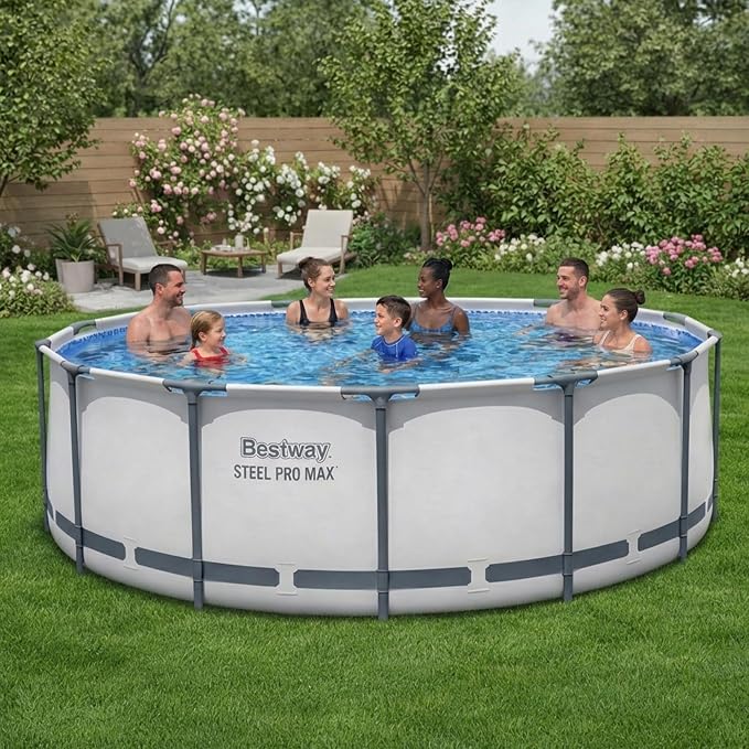 Bestway Steel Pro MAX 14' x 48" Above Ground Pool, Round Metal Frame Outdoor Swimming Pool Set with Filter Pump, Ladder, and Cover, Gray