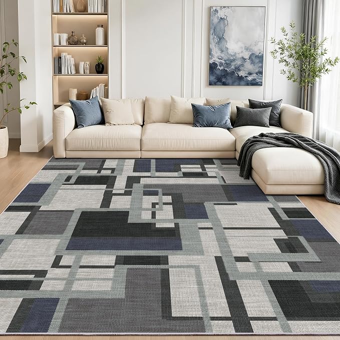 Modern Geometric 8x10 Area Rugs for Living Room, Slate Blue Washable Rug | Blue Grey Patchwork Blocks Non-Slip Indoor Carpet for Bedroom Dining Room | Contemporary Abstract Soft Low-Pile Large Rug