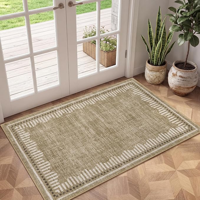 Garvee Small Area Rugs 2x3 Taupe Washable Entryway Scalloped Throw Carpet | Non Slip Solid Color Low Pile Living Room Bedroom Rugs Pet Friendly Modern Geometric Kitchen Front Door Nursery Doot Mat