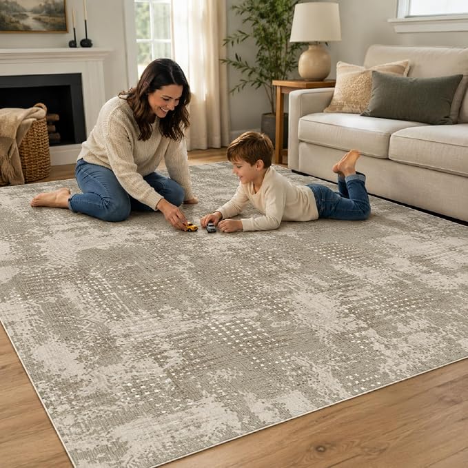 9CH Neutral Abstract Area Rug 5x7, Washable Non Slip Transitional Rug， Soft Low Pile Distressed Carpet for Modern Farmhouse Living Room Bedroom