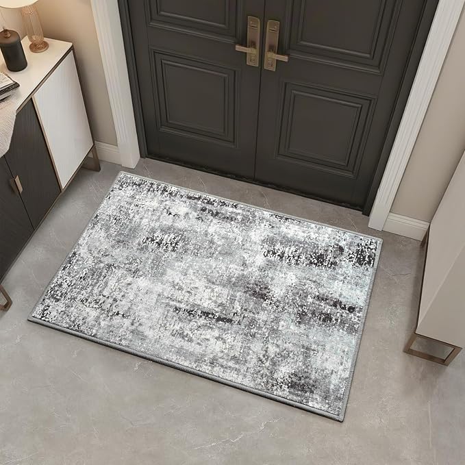 Dark Grey Washable Small Area Rug, 2x3 Abstract Non-Slip Door Mat, Modern Low Pile Indoor Entryway Rugs, Stain Resistant Throw Carpet for Front Door, Kitchen, Entry, Inside Entrance