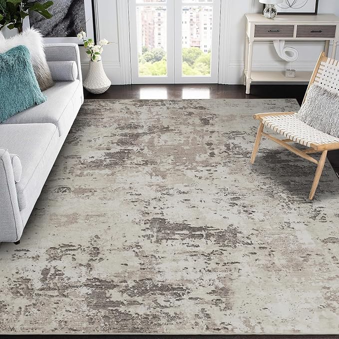 ROYHOME Modern Abstract Area Rug 10x13 Non Slip, Brown Grey | Non Shedding Rug Low Pile Stain Resistant for Bedroom Living Room